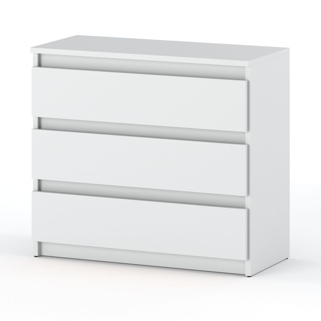 A white, three-drawer dresser against a white background.