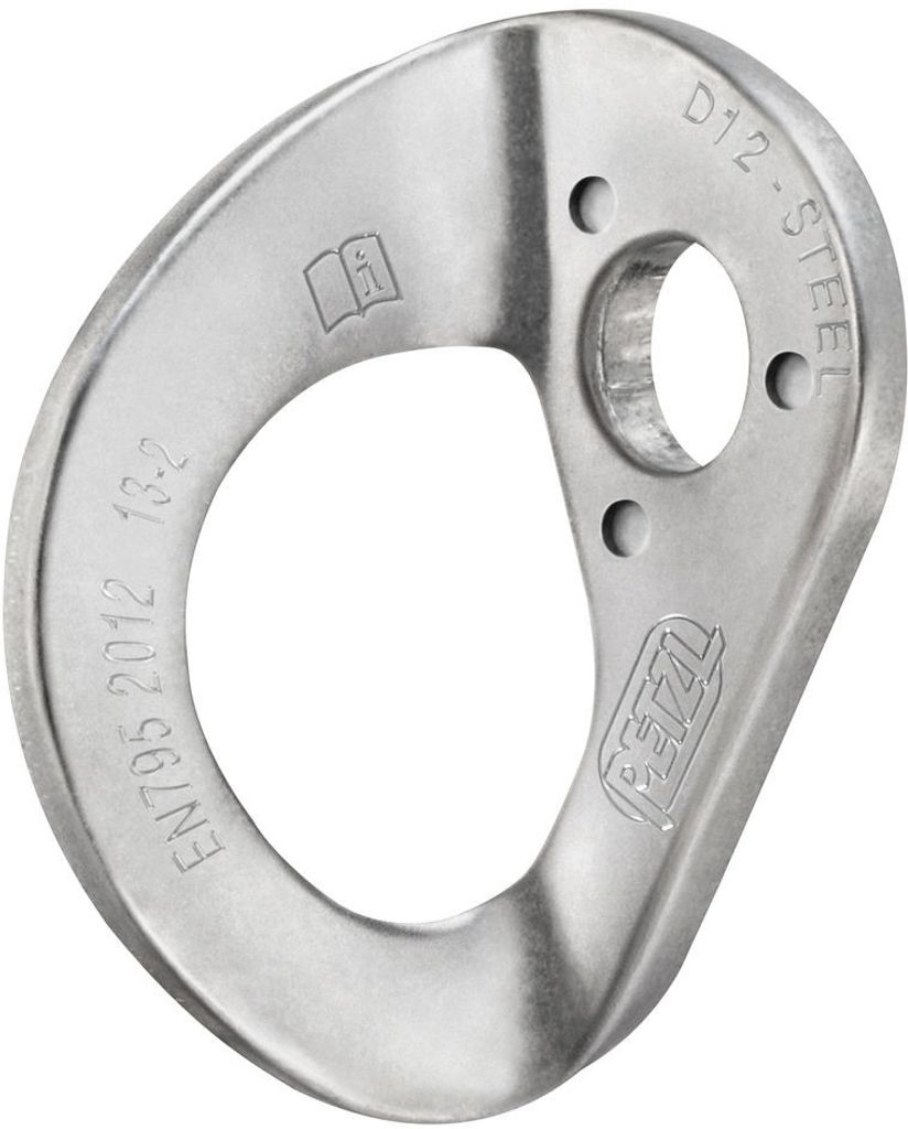 A close-up studio shot of a silver climbing anchor.