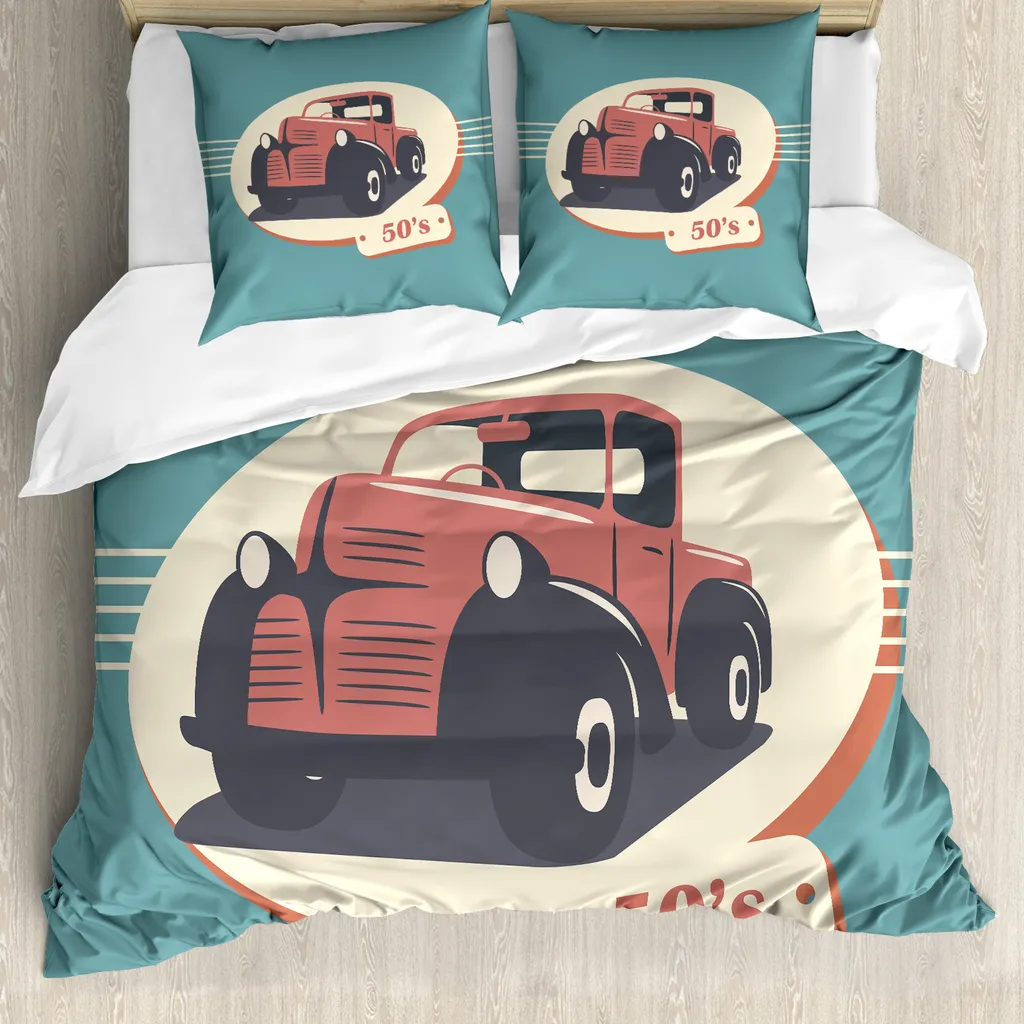 Copripiumino ABAKUHAUS Retro, veicolo antico nostalgico, antiacaro, adatto a chi soffre di allergie, con federe, 200 cm x 200 cm - 80 x 80 cm, rosso, giallo, verde acqua