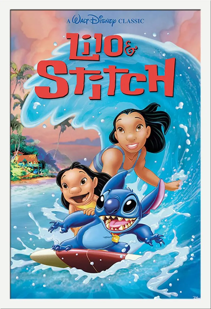 Décoration murale Disney Stitch Wave Surf grand format avec cadre blanc
