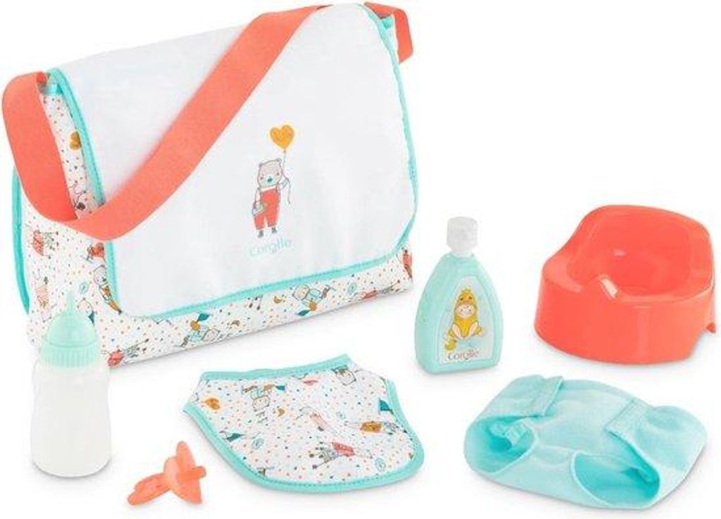 Set für Puppen 36-42 cm - 2-in-1 Luiertas und Unterlage - Vollständig mit Windeln, Flasche und Beutel