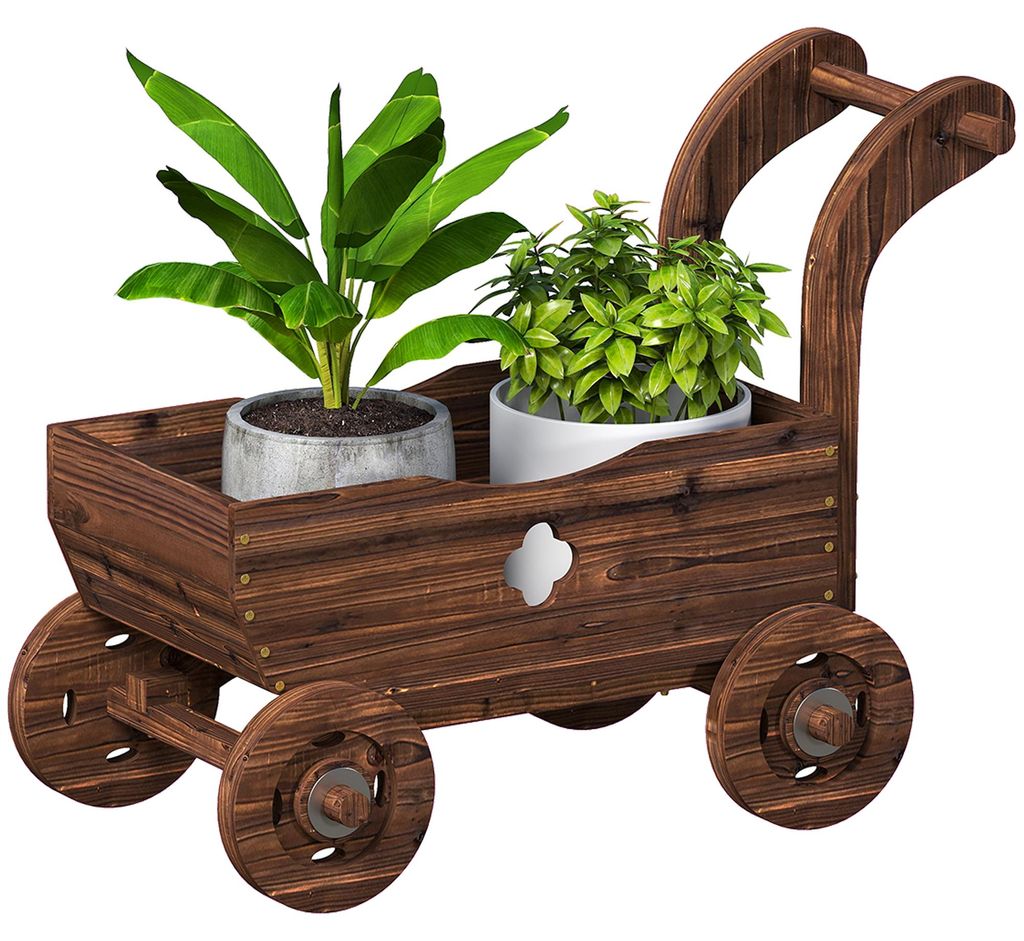 Hochbeet Holz, Pflanzbeet in Wagenform Frühbeet mit 4 Rädern Griff Gartenbeet 68 x 38 x 52cm, Verkohlt, wetterfest, stabil