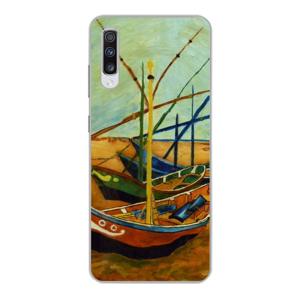 MuchoWow Handyhülle Schutzhülle Hülle für Samsung Galaxy A70 Fischerboote am Strand - Vincent van Gogh Silikon Softcase Handy Hülle - Schutz...