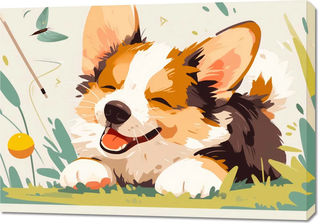 Tableau Corgi insouciant 100 x 70 cm - Idéal pour salon ou chambre enfant