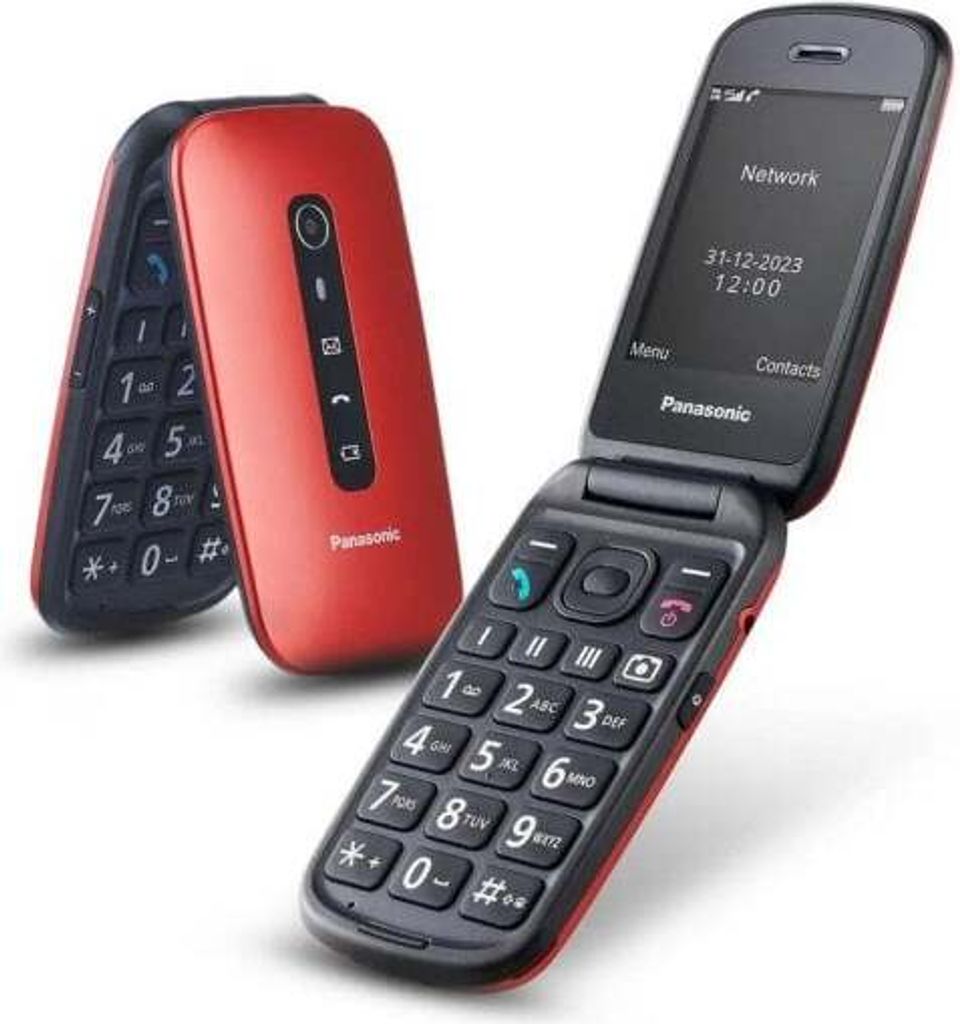 Two red and black flip phones are shown against a white background. One phone is closed and the other is open, displaying the screen and keypad.