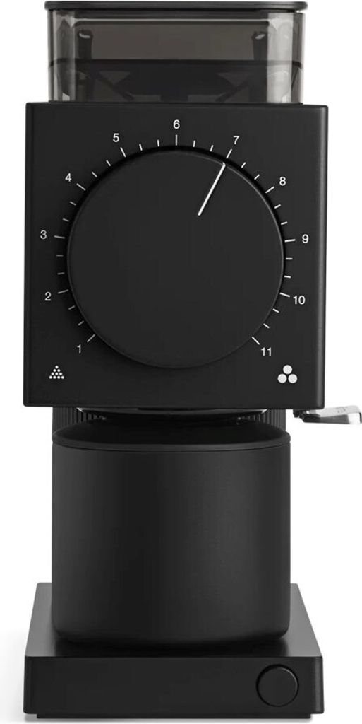 A black electric coffee grinder is shown against a white background.