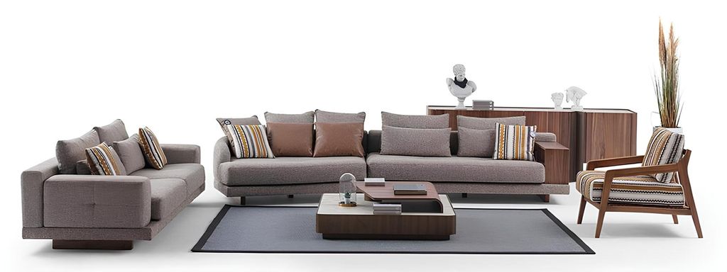Graue Wohnzimmer Sofas Stoffsofas Designer Sessel Holz Couchtisch 5tlg.
