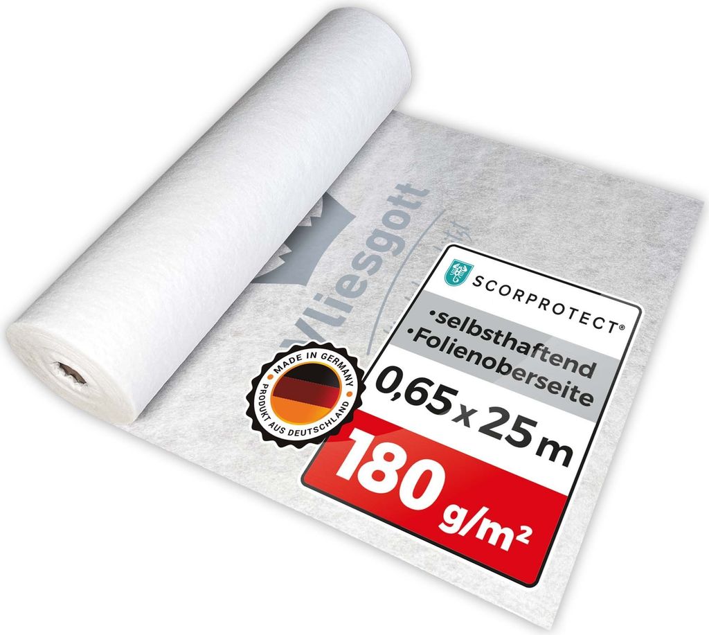 A roll of white protective fleece material is shown partially unrolled on a white surface, with product information labels and a German flag seal.