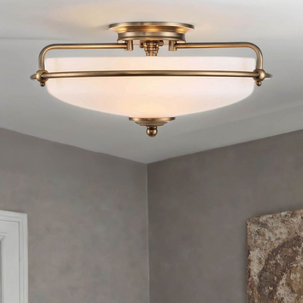 Deckenlampe Glas Metall E27 rund Ø 42,2 cm in Messing Antik Weiß 3-flammig Jugendstil Deckenleuchte