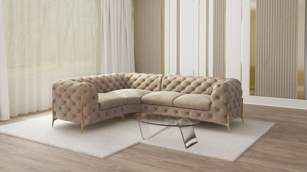 S-STYLE MÖBEL - Chesterfield Ecksofa Nova mit Goldene Metall Füßen aus Dunkle Creme Samtstoff, B/T/H: 264 cm / 204 cm / 75 cm