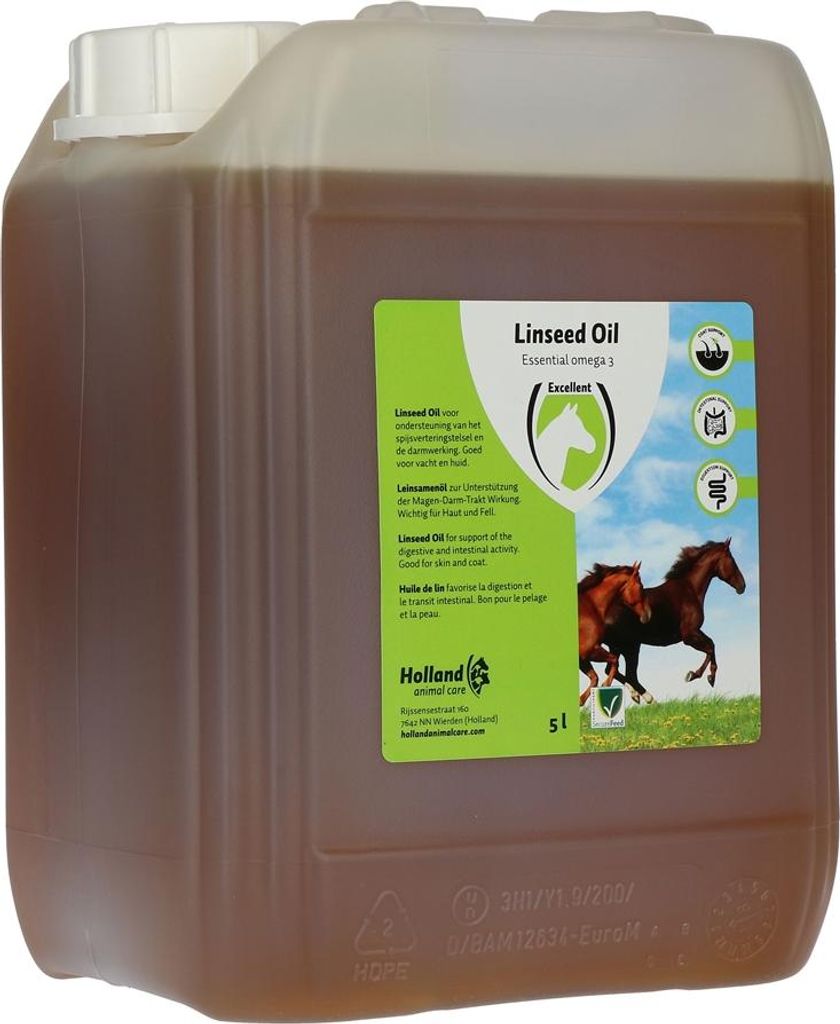 A large plastic container of linseed oil for animals.