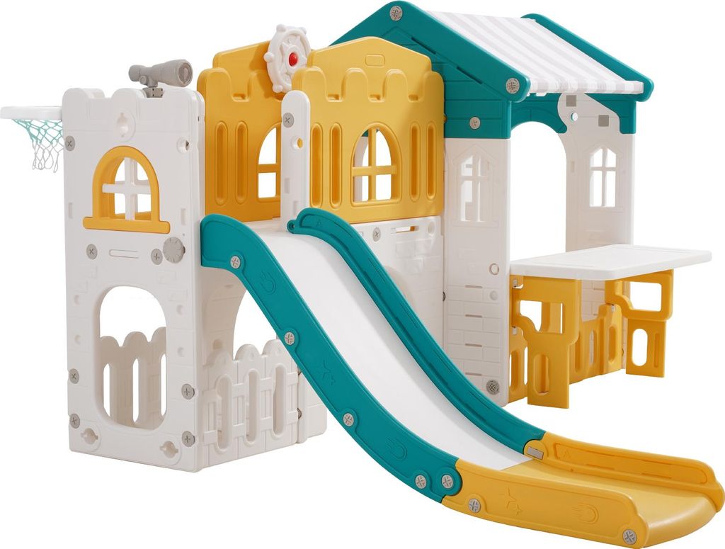 SucceBuy Outdoor Spielhaus für den Garten – Kinderhaus mit Rutsche, Basketballkorb, Teleskop, Lenkrad, Krabbeltunnel und Verkaufsfenster – Gee...