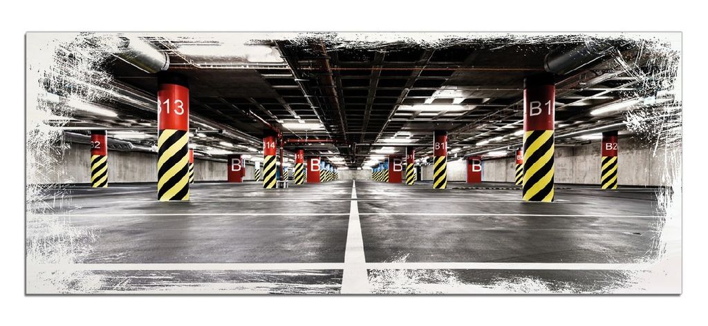 Wallario Kunstdrucke Wandbilder Holz in : Brillante Farben, Größe 50 x 125 cm Motiv Perspektive von unten leeres Parkhaus im Untergrund