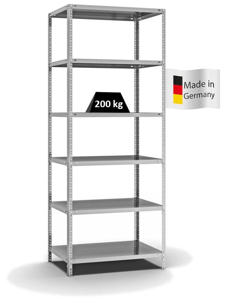 PROREGAL Fachbodenregal Schraubsystem MAGNUS Germany | HxBxT 250x100x60cm | 6 Ebenen | Fachlast 200 kg | Beidseitig nutzbar | Verzinkt