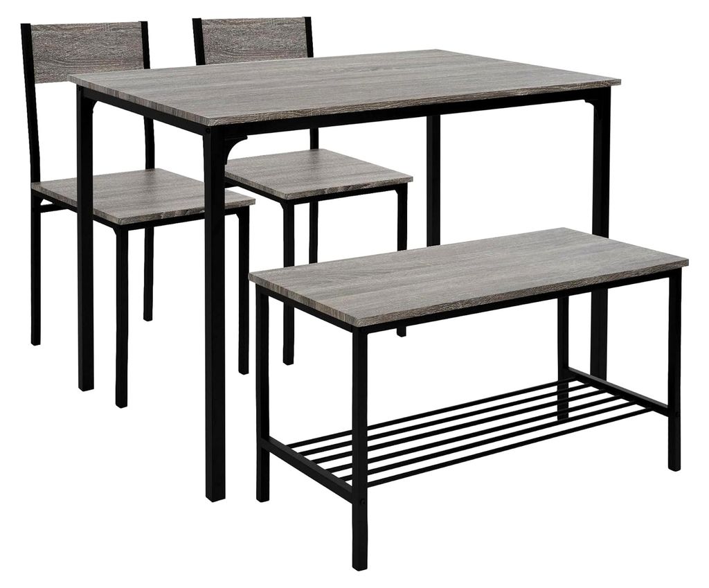 ML-Design Esstischset 4-teilig, Eiche-Grau, Esszimmertisch mit 2 Stühlen und 1 Bank, Essgruppe für 4 Personen, Sitzgruppe Küchentisch mit Metall...