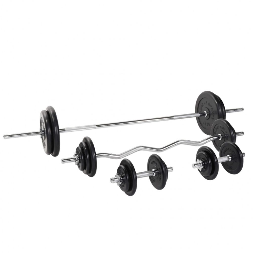 GORILLA SPORTS Hantelset - 108kg, Langhantelstange 170cm, SZ Curlstange 120cm, 18 Hantelscheiben, Gusseisen Gummiert, 2 Kurzhanteln 30mm, 8 Stern...