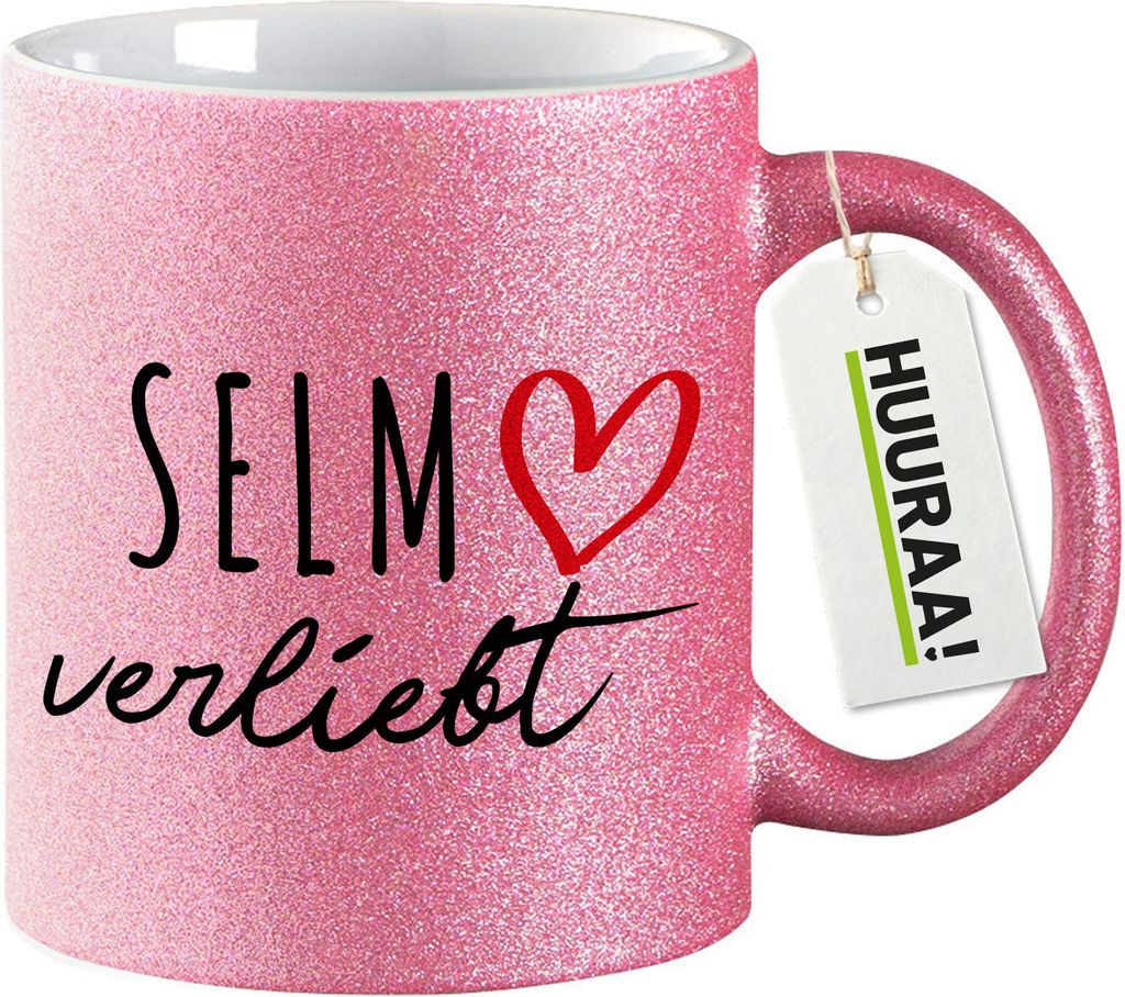 Huuraa Glitzertasse Selm verliebt 330ml Pink Keramik Kaffeebecher Geschenkidee