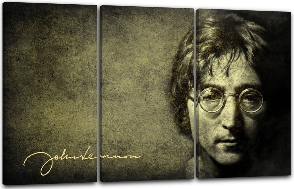 Leinwandbild 3-teilig (120x80cm): John Lennon vintage Portrait retro Legende Rock-Star The Beatles, echter Holz-Keilrahmen inkl. Aufhänger, handge...