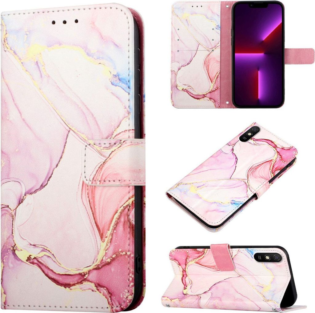 Redmi 9A Hülle, Marmor Motiv Kunstleder Tasche Wallet Kartenfächer mit Standfunktion Klapp Schutzhülle für Xiaomi Redmi 9A Pink Weiß