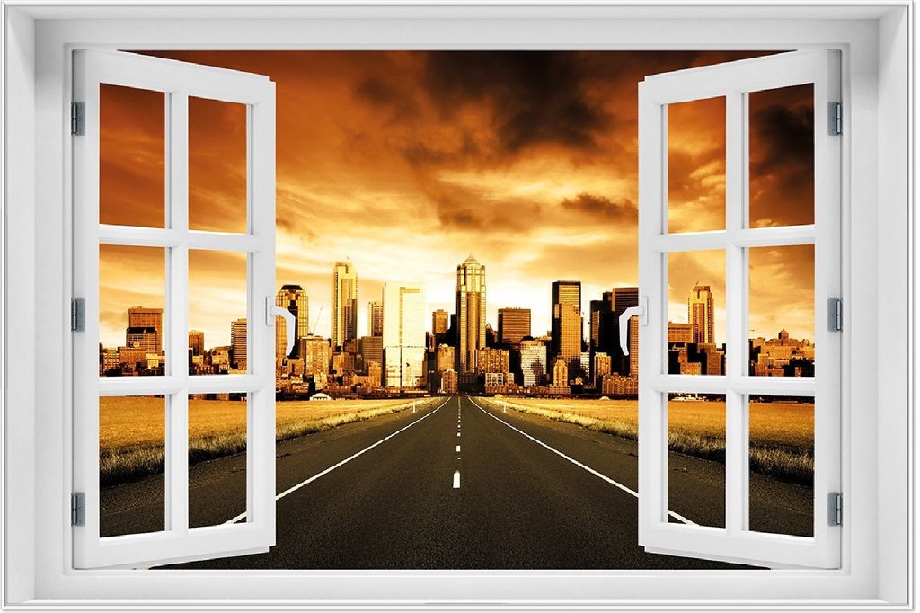 Wallario Wandbild mit Fenster-Illusion: Skyline am Ende der Produktbild 