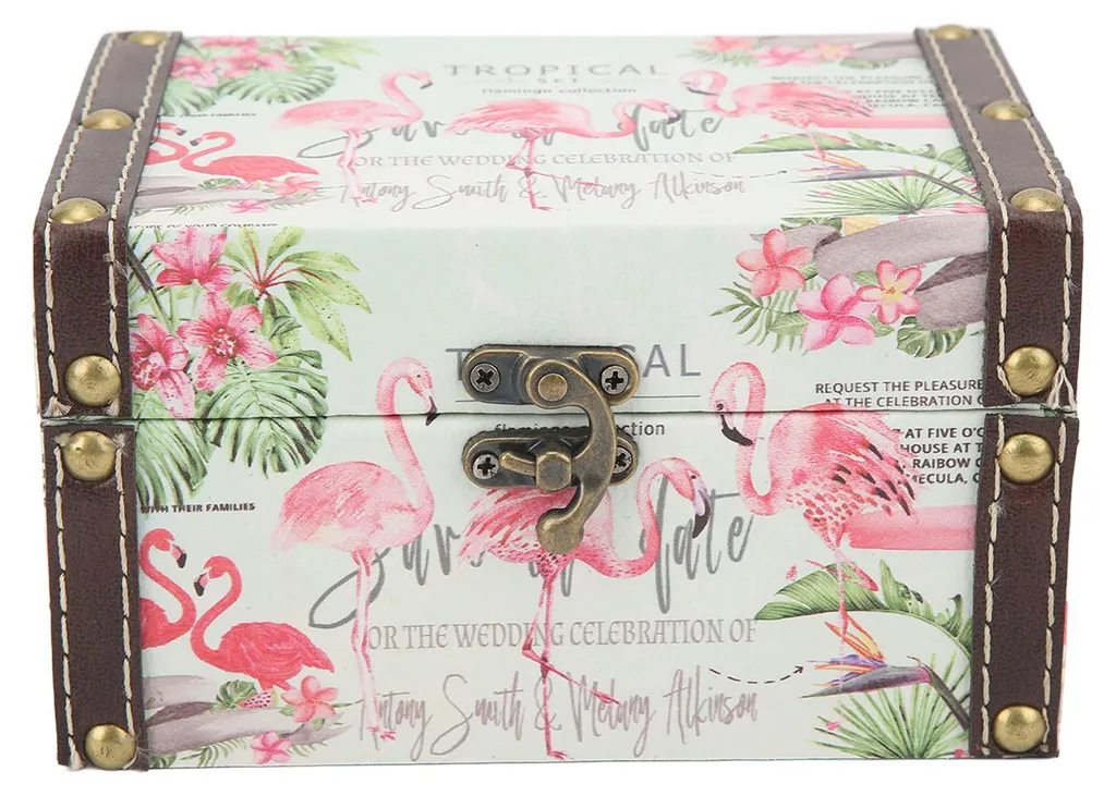 Boîte à bijoux bois vintage flamant rose contre le désordre et poussière