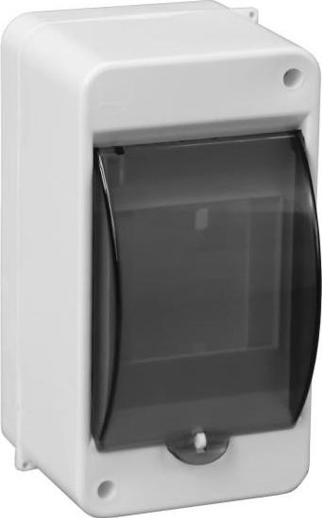 A white electrical distribution box with a transparent gray cover.