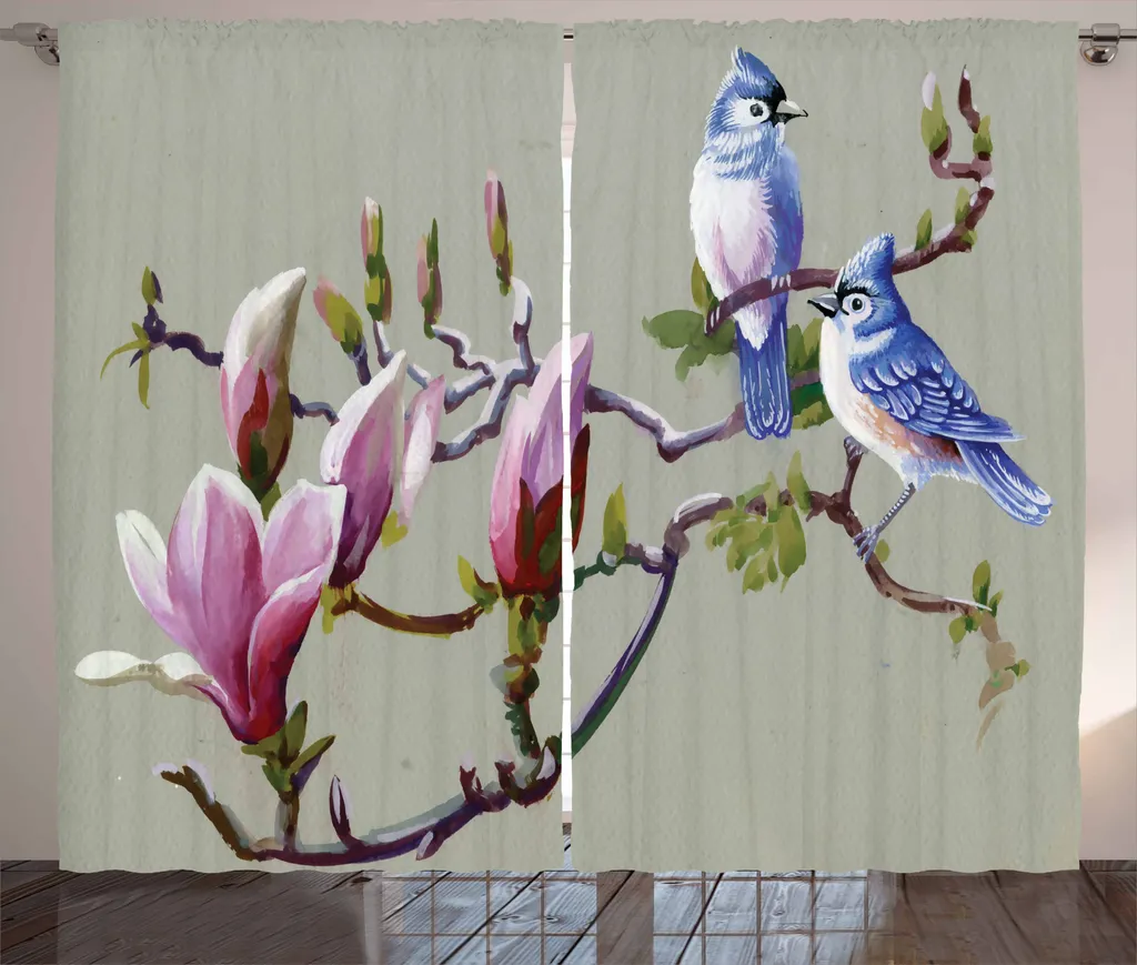 Tende Shabby Chic ABAKUHAUS Magnolia e Uccellini - Set 2 Pannelli
