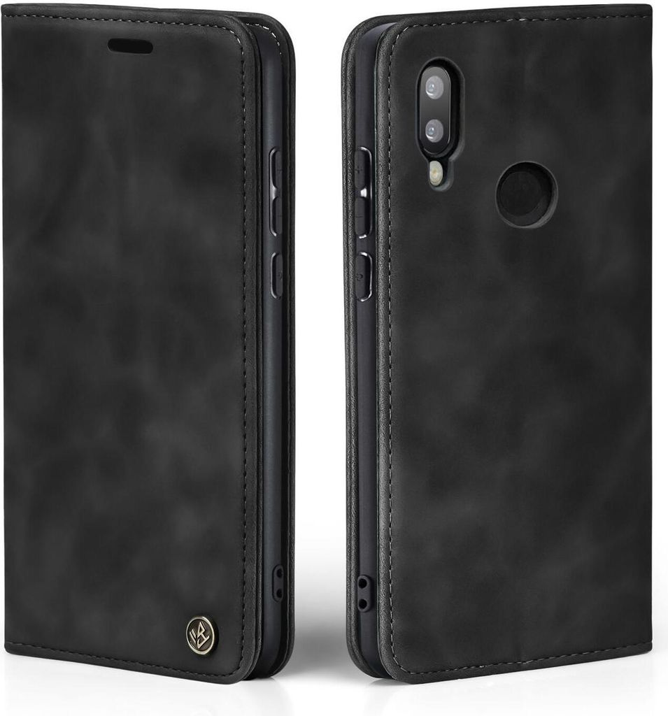 A black flip cover phone case shown from two angles.