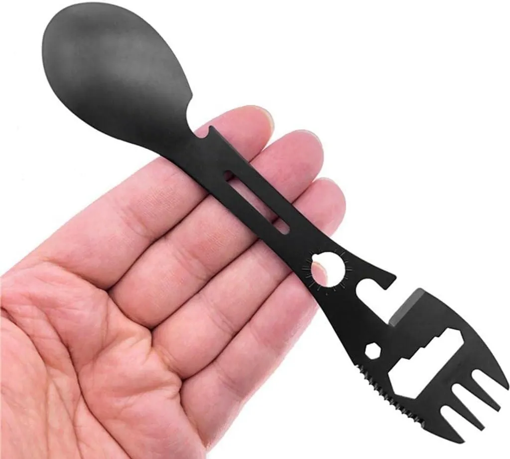 Kit repas camping : Cuillère-fourchette tactique noire avec décapsuleur - 5