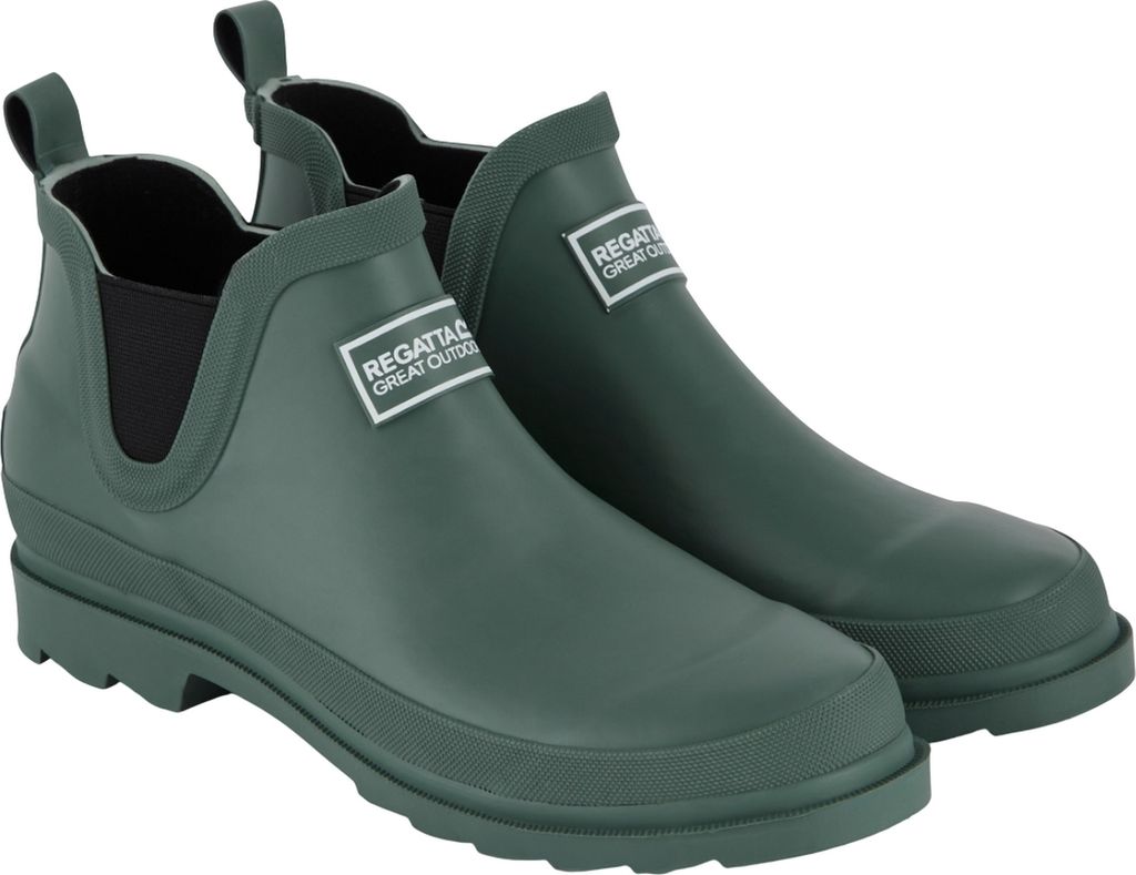 A pair of dark green waterproof boots.