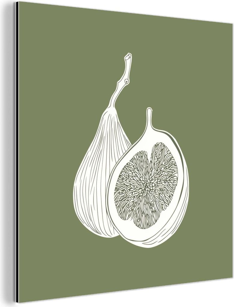 MuchoWow Wanddekoration Metall Metallbild Wandkunst 50x50 cm Feigen - Minimalistisch - Gezeichnet - Moosgrün MuchoWow Aluminium Gemälde - Alubild...