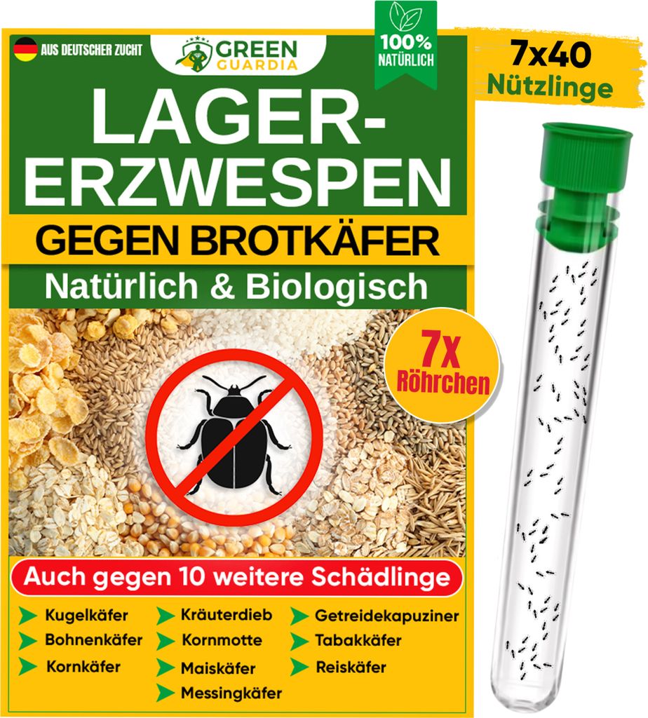 GREEN GUARDIA Lagererzwespen gegen Brotkäfer - 7 Röhrchen à 40 Nützlinge - effektiv Kornkäfer, Messingkäfer, Speckkäfer uvm. bekämpfen.