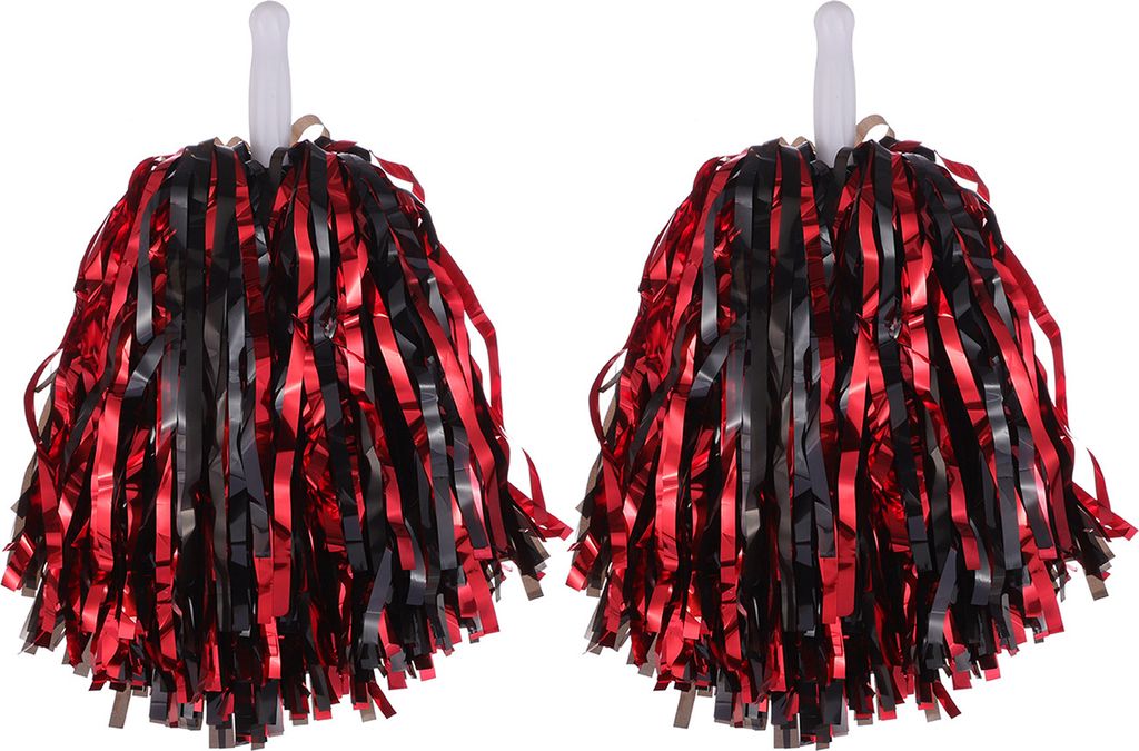 2 Stück Cheerleader-Pom-Poms aus Metallicfolie, Cheerleader-Pom-Poms, Handblumen mit Griff für Sportwettbewerbe, Feiern, Schwarz und Rot