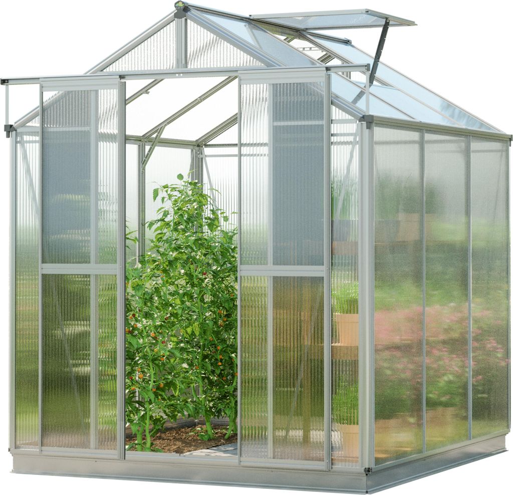 GFP Gewächshaus Picco 3 - Aluminium-Rahmen - 179x195 cm - 6 mm Polycarbonat-Platten - mit Fundamentrahmen und autom. Fensteröffner