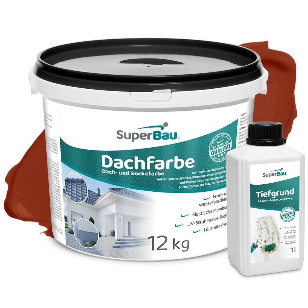 Superbau Dachfarbe Ziegelrot 12kg, SET MIT TIEFGRUND 1L, Sockelfarbe WASSERDICHT, Dachbeschichtung für Blechdach, Bitumen, Dachpappe, Schindeln, Putz