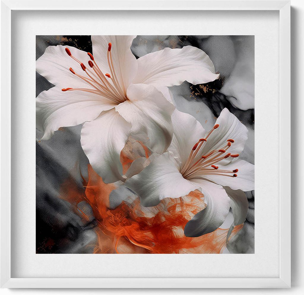 Komposition von Rauch mit Blumen– Wandbild mit Rahmen – Gerahmtes Bild – Wanddekoration – 50x50 cm – Weiß Rahmen