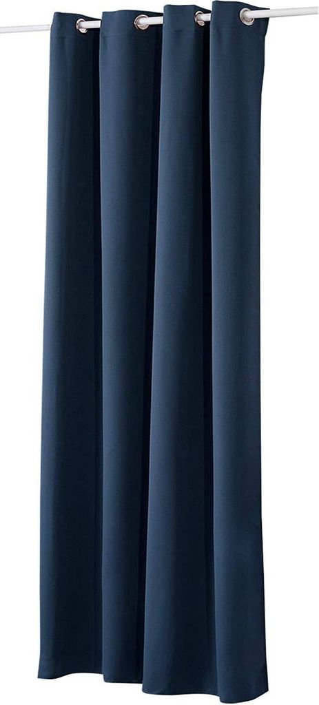 Four dark blue curtains hanging from a white rod.