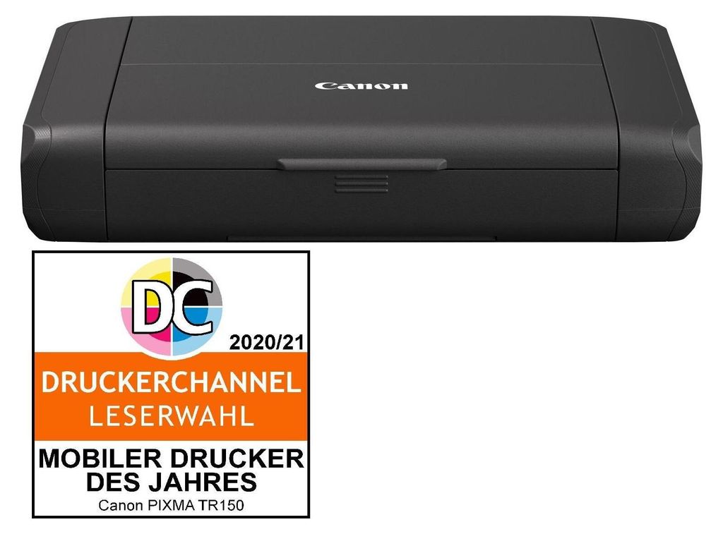 A black Canon printer is shown with a marketing badge below it.
