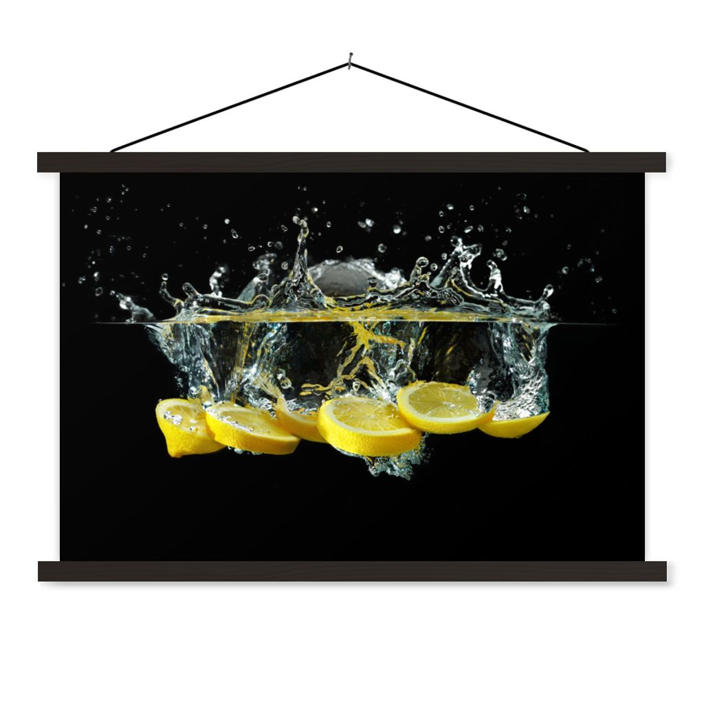 MuchoWow Textilposter Zitrone - Frucht - Gelb - Stilleben - Wasser 60x40 cm mit schwarzem Rahmen - Hölzernes