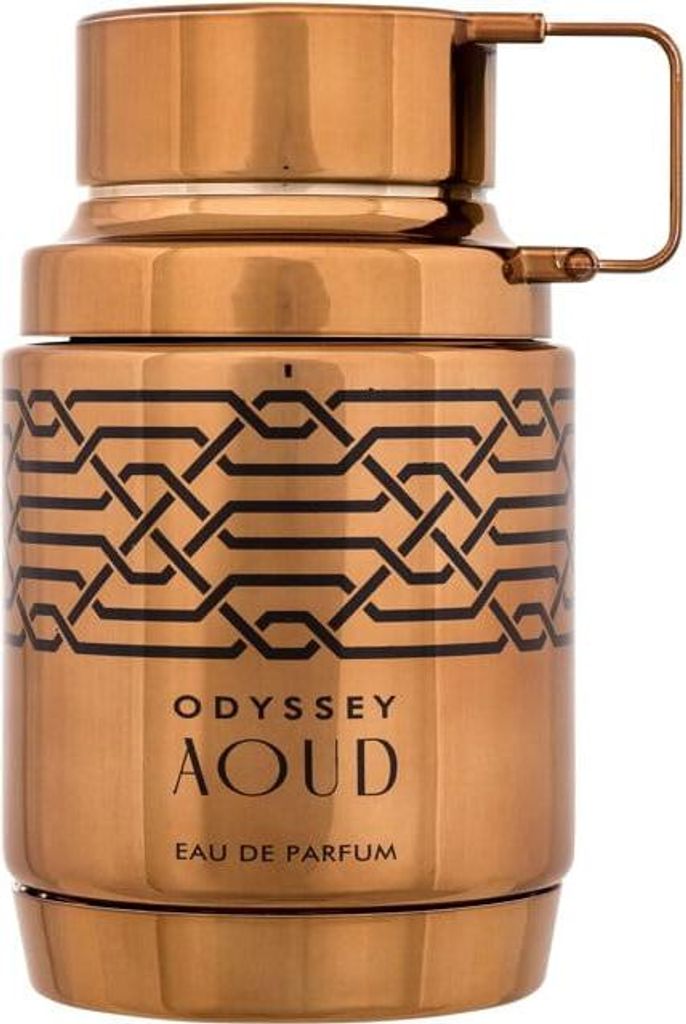 A close-up studio shot of a bronze-colored perfume bottle with black decorative elements and text.
