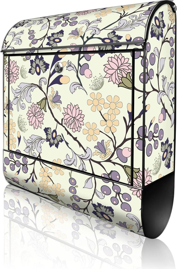 banjado Design Briefkasten Stahl schwarz mit Zeitungsfach pulverbeschichtet "Florale Tapete" 38x46x12,5cm & 2 Schlüssel - Postkasten A4 Einwurf in...