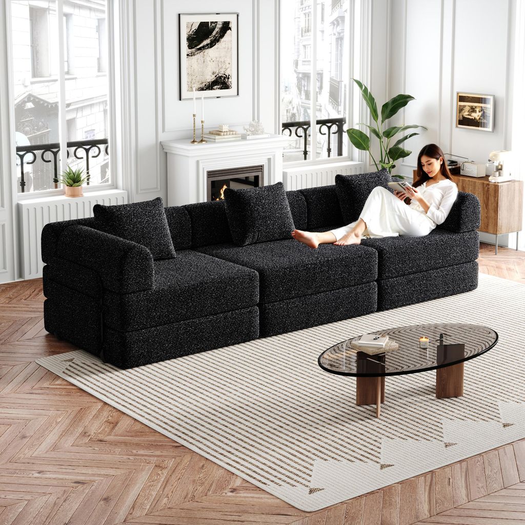 MODFU 3-tlg Chenille-Schlafsofa 2-in-1 Relaxsofa mit mit Staufach in der Armlehne,Polstermöbel Klappsofa mit drei Metallrahmen und mehreren Konfig...