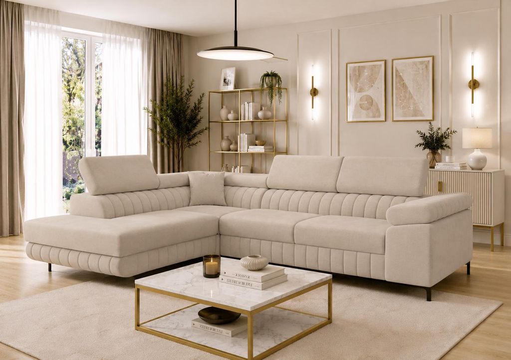 Letano Milano Ecksofa mit Schlaffunktion und Bettkasten, Wohnlandschaft L-Form, Couch Velours fleckgeschützt, Matt Velvet, Beige