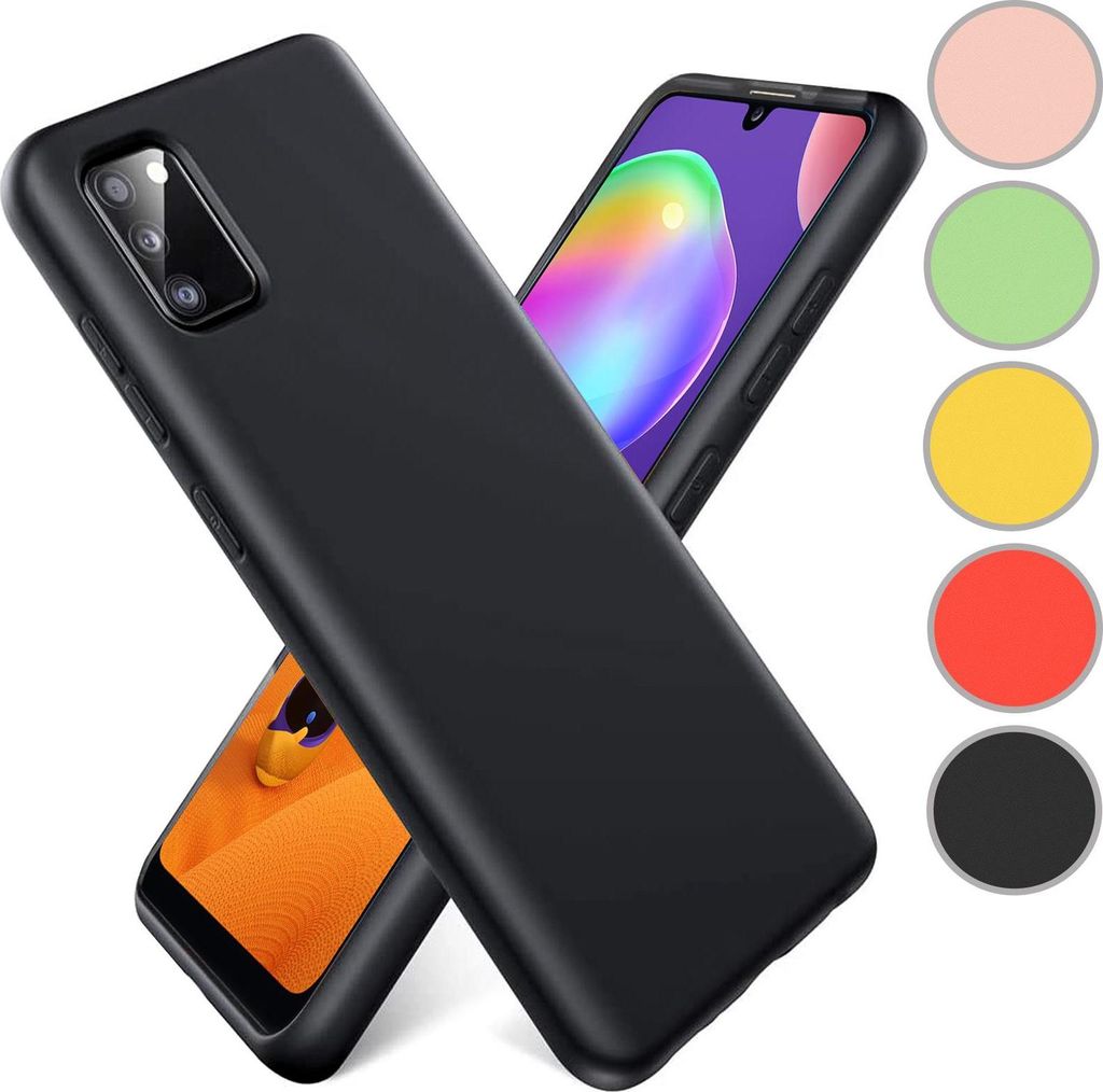 A black phone case is shown in the foreground, with a smartphone partially visible behind it. To the right, there are colored circles representing different color options for the case.