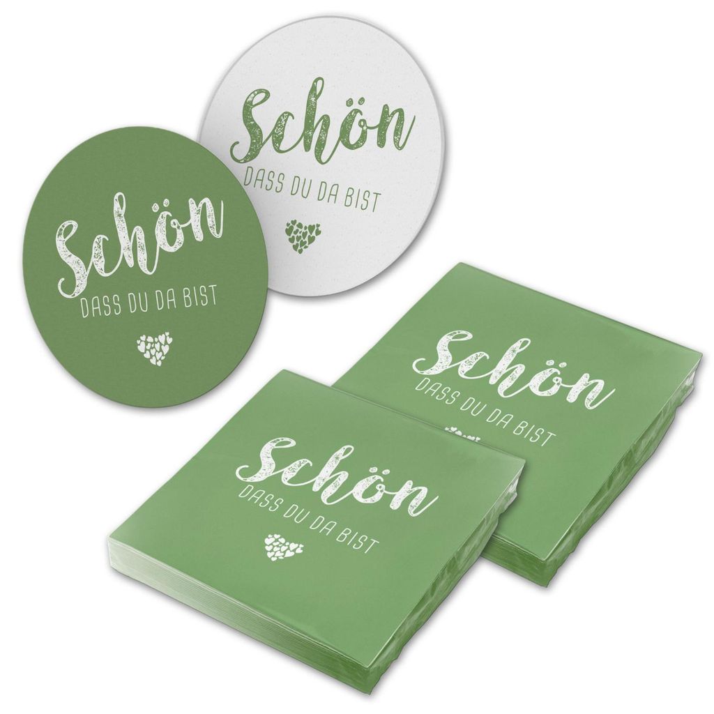itenga 40x Serviette Schön dass du da bist salbei mit 40x Bierdeckel Set
