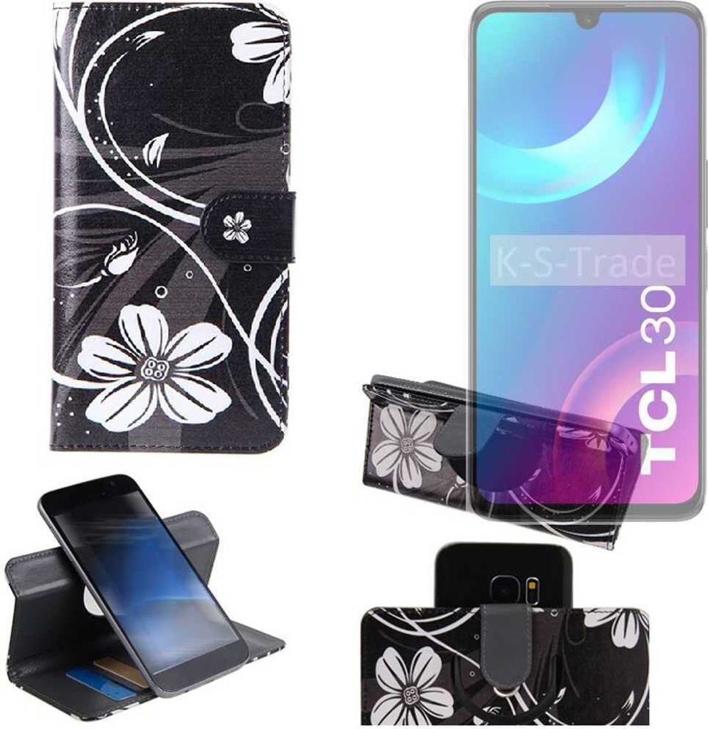 K-S-Trade Schutzhülle Handyhülle kompatibel mit TCL 30 Hülle 360° Wallet Case “Flowers“ Klapphülle Hülle schwarz-weiß 1x