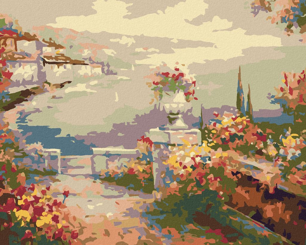 Zuty - Malen nach Zahlen - BLUMENTERRASSE ÜBER DEM MEER, 40x50 cm, mit Keilrahmen (bereits gespannt)
