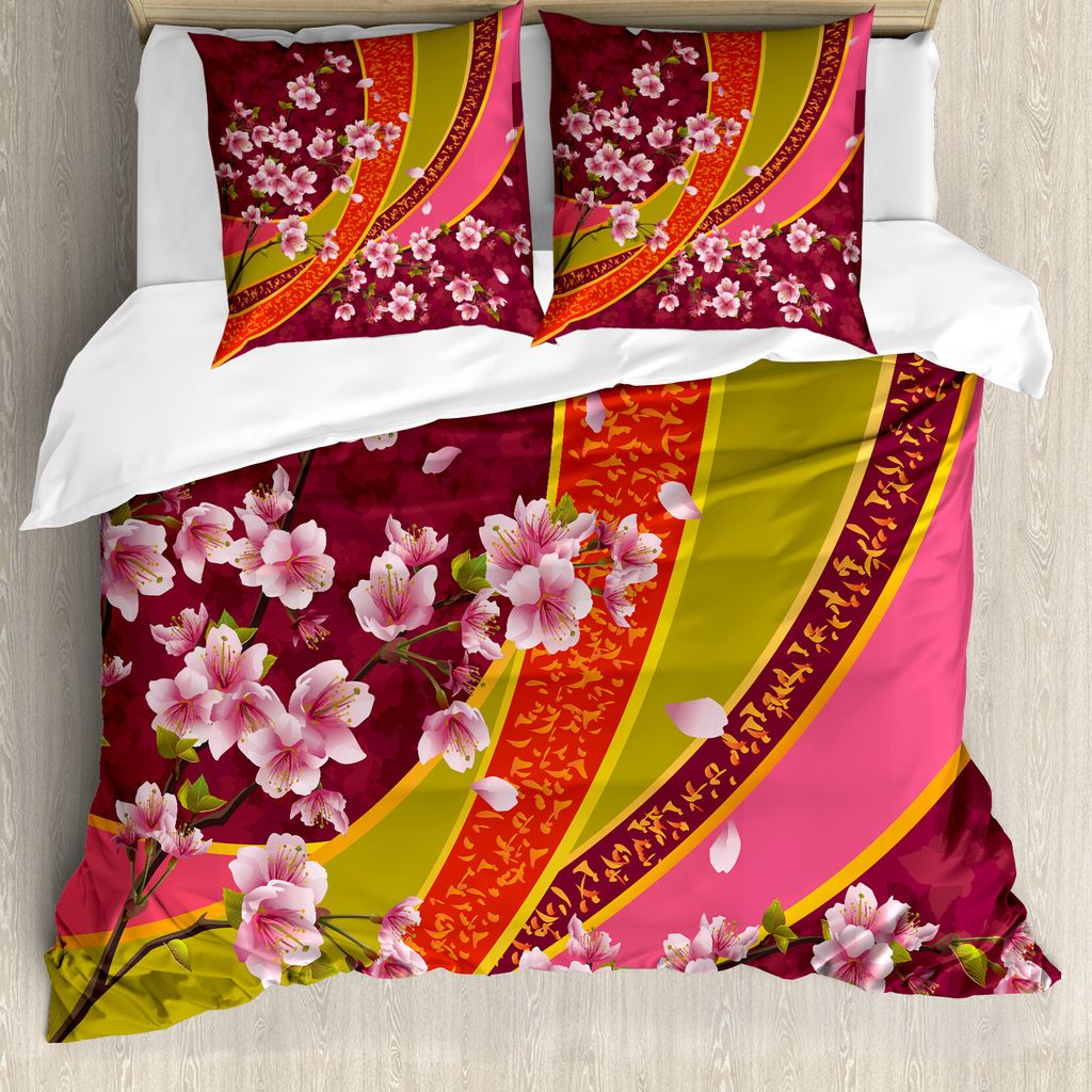 ABAKUHAUS Blume Bettbezug, Sakura Blossom Japanese, Milbensicher Allergiker geeignet mit Kissenbezügen, 200 cm x 200 cm - 80 x 80 cm, Blassrosa or...