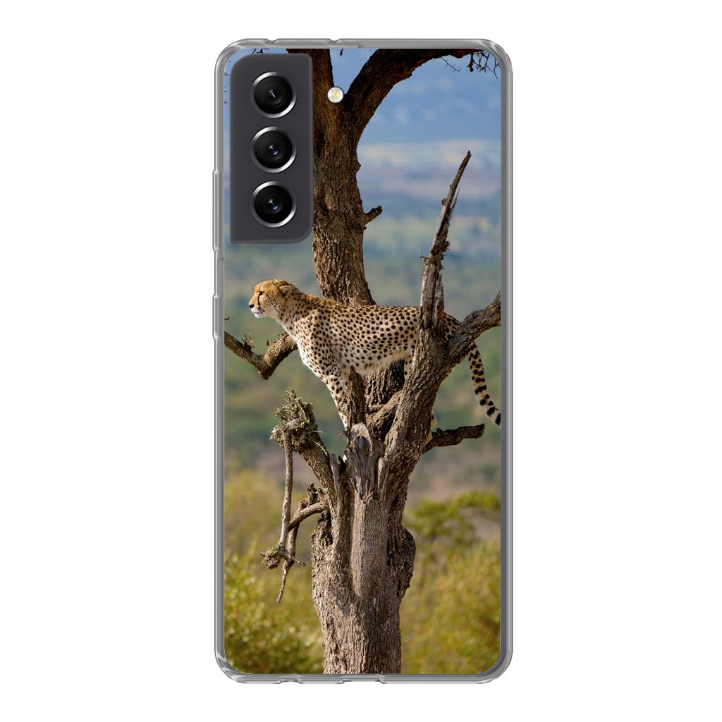 MuchoWow Handyhülle Schutzhülle Hülle für Samsung Galaxy S21 FE Leopard - Baum - Tier Silikon Softcase Handy Hülle - Mobiltelefonhülle