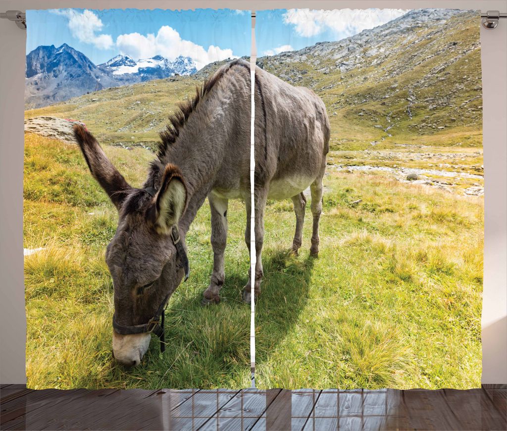 ABAKUHAUS Esel Rustikaler Vorhang, Esel Essen Berg Gras, Wohnzimmer Universalband Gardinen mit Schlaufen und Haken, 280 x 245 cm, Mehrfarbig